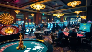 NK88 casino scene showcasing roulette, poker tables, and players engaged in thrilling gambling action.