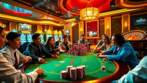 Players celebrating a winning bet at a vibrant poker table with indoxxi and casino excitement.