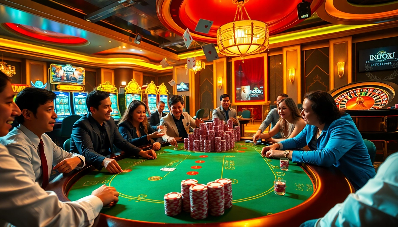 Players celebrating a winning bet at a vibrant poker table with indoxxi and casino excitement.