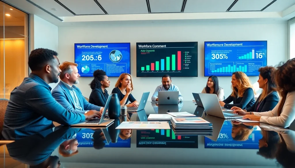 Engaged team collaborating on workforce development strategies in a bright office environment.