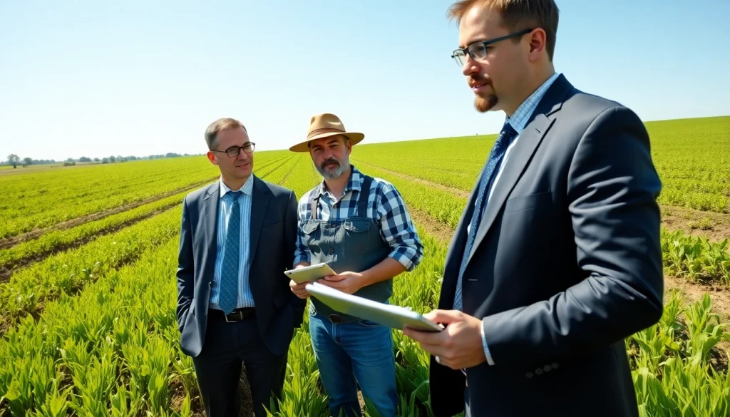 Consulting agriculture lawyer providing legal advice to a farmer in a green field.