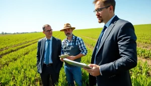 Consulting agriculture lawyer providing legal advice to a farmer in a green field.