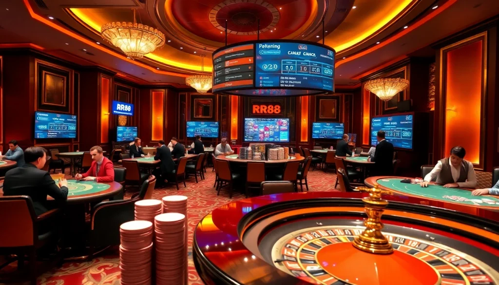 Gambling excitement at RR88 with vibrant casino scene, poker chips, and roulette.