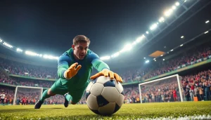Catch thrilling soccer action with goalkeeper diving for ผลบอลสด in a vibrant stadium setting.