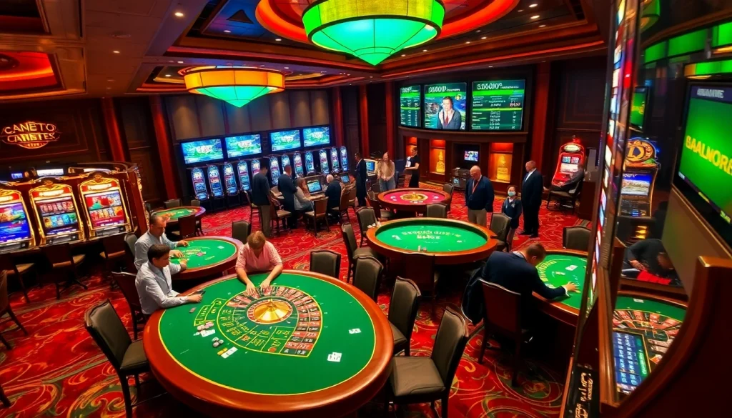 Players enjoying casino games at bdjl.org, surrounded by vibrant slot machines and elegant tables.