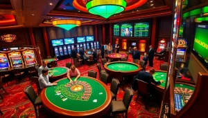 Players enjoying casino games at bdjl.org, surrounded by vibrant slot machines and elegant tables.