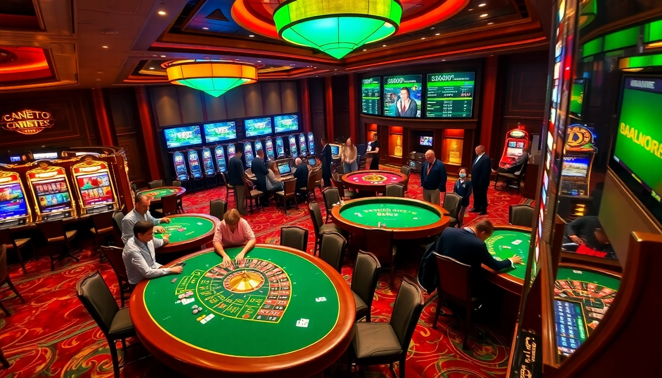 Players enjoying casino games at bdjl.org, surrounded by vibrant slot machines and elegant tables.