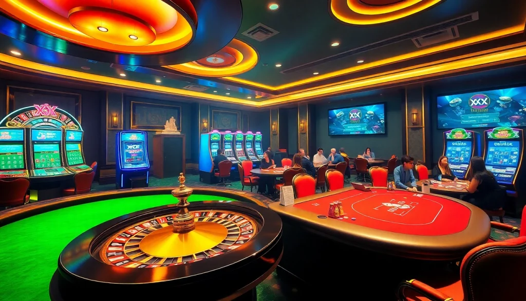 Experience the luxury of gambling at XX 88 with vibrant slot machines and a grand roulette wheel.