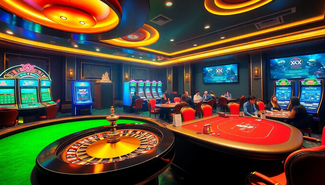 Experience the luxury of gambling at XX 88 with vibrant slot machines and a grand roulette wheel.