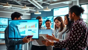 SEO Agentur mit KI analysiert Marketingstrategien in einem modernen Büro.