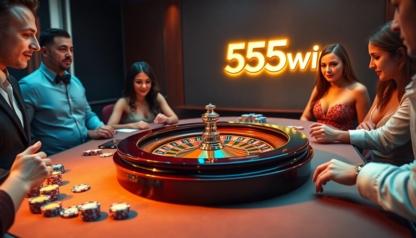 Players enjoying a thrilling roulette game at 555win's luxury casino, surrounded by vibrant chips.