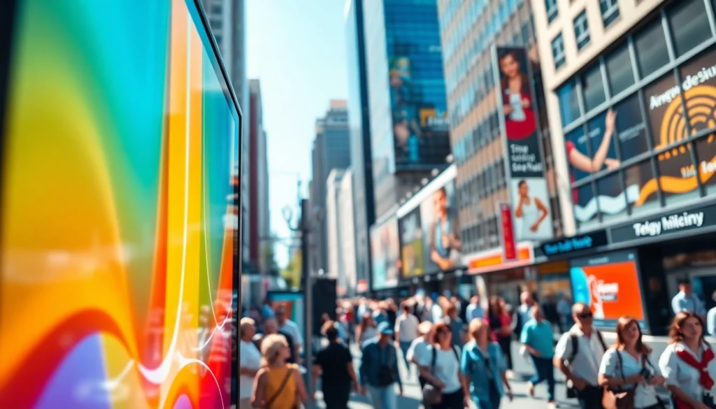 Engaging digital advertising boards illuminating a busy urban street with vibrant advertising.