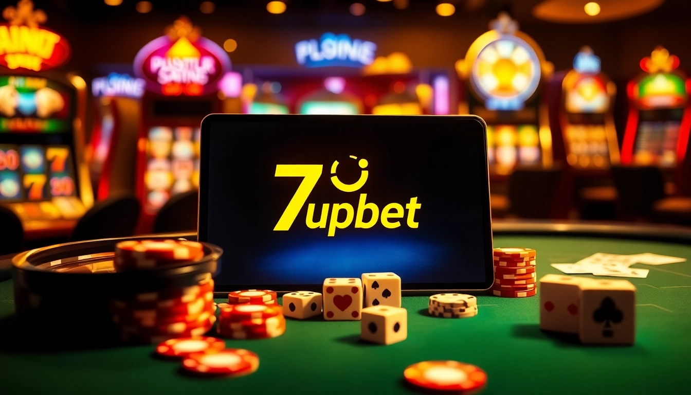 Experience engaging online betting with 7upbet at a vibrant casino scene featuring tables, chips, and excitement.
