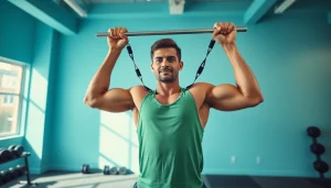 Engaged athlete performing pull-up assist band exercises in a gym.