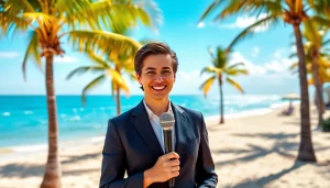 Engaging South Florida Reporter presenting news in a vibrant beach setting.