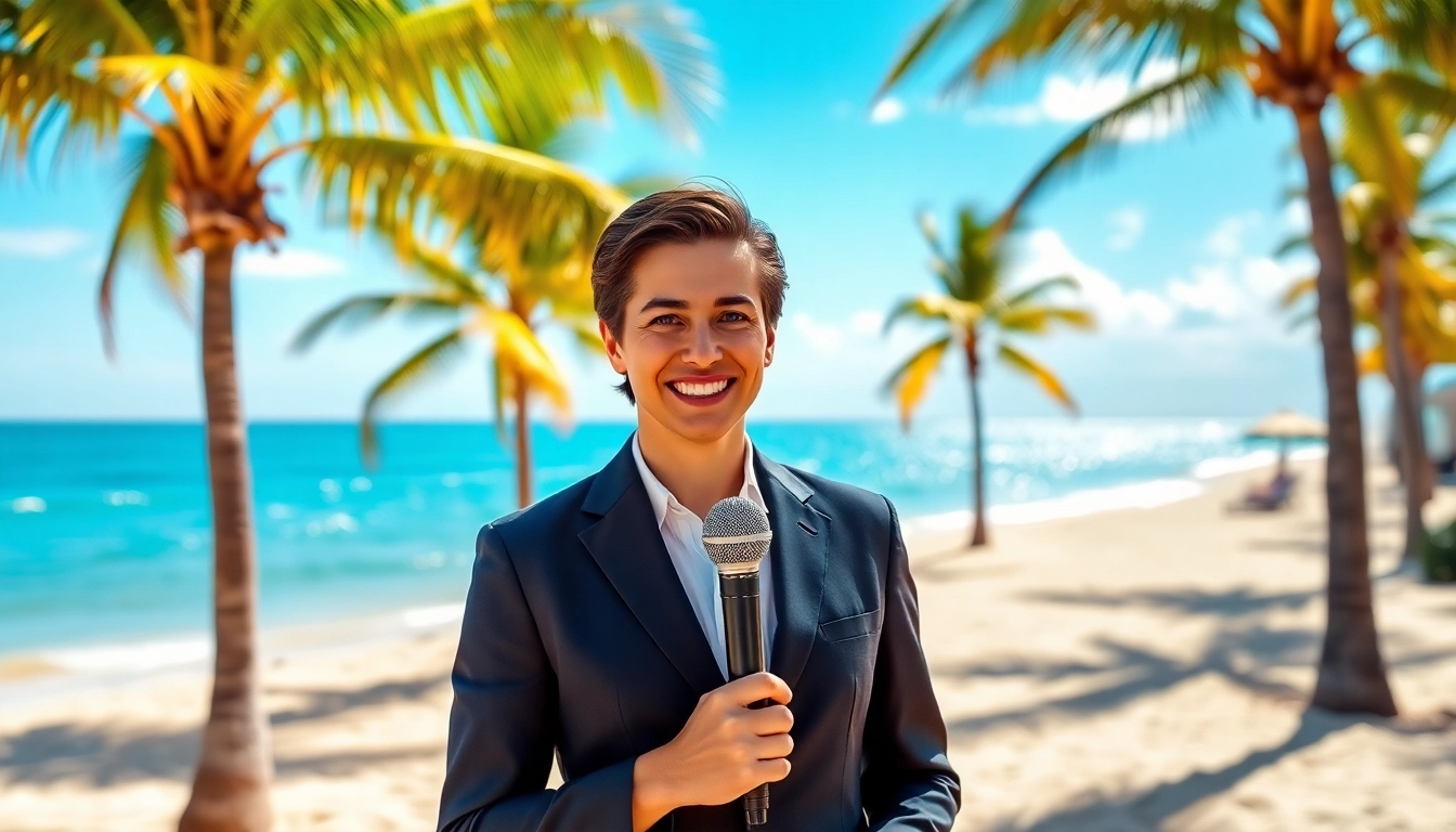Engaging South Florida Reporter presenting news in a vibrant beach setting.
