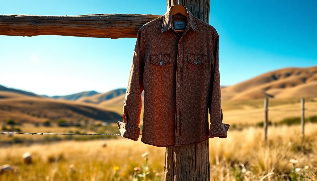 Showcasing a cowboy shirt Canada on a rustic wooden fence in a sunny countryside setting.