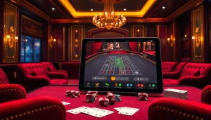 Engage in exciting רמי אונליין gameplay at a luxurious casino table with vibrant decor.