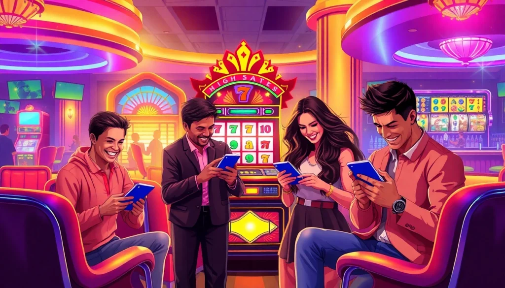 Excited players making slot pulsa deposits at a vibrant casino with high-stakes slot machines.