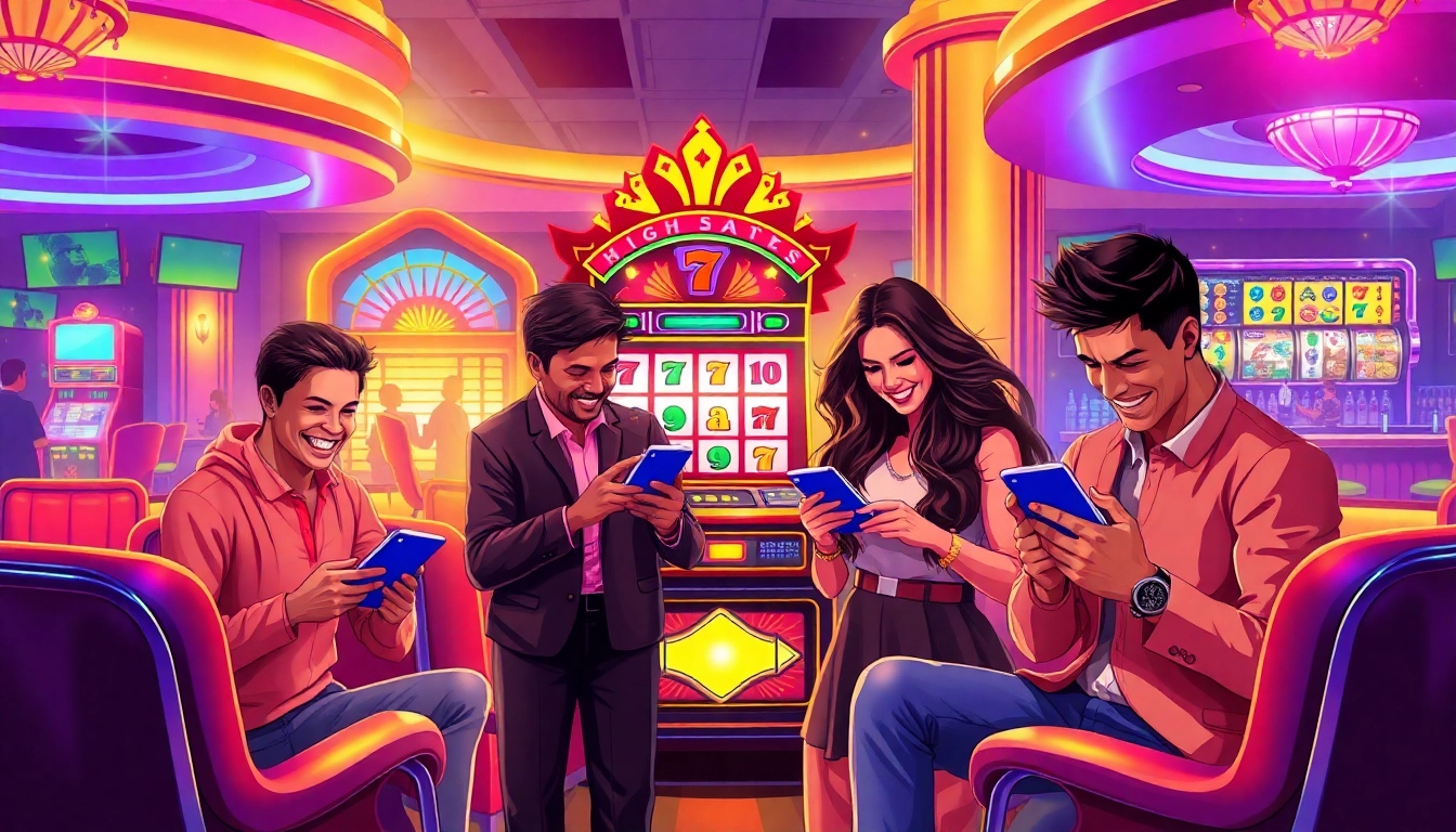 Excited players making slot pulsa deposits at a vibrant casino with high-stakes slot machines.