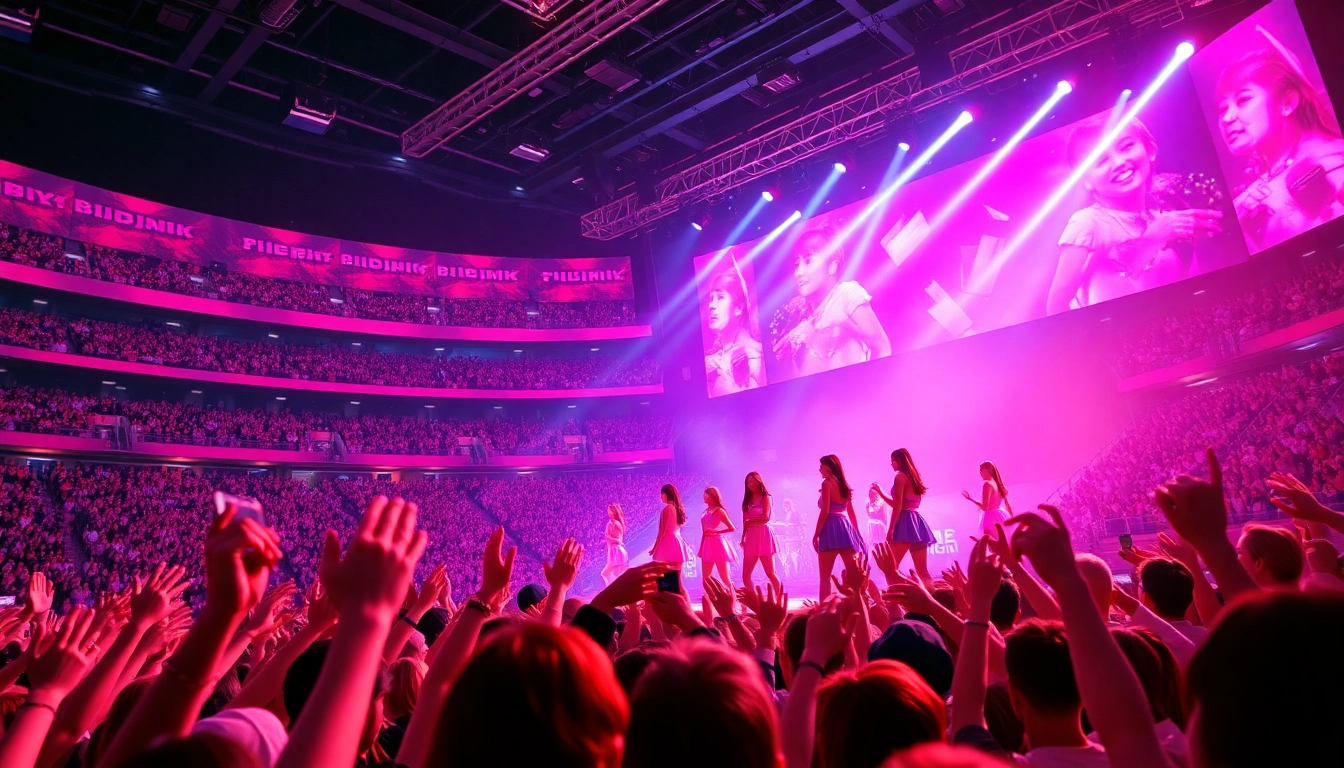 Catch the latest Blackpink news with a vibrant live concert scene showcasing fan excitement and performers.