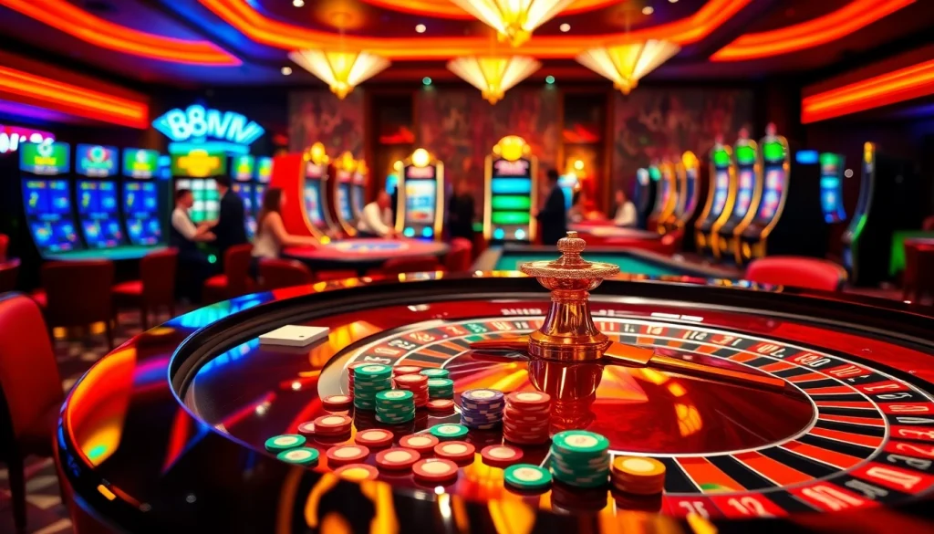 Experience the thrill of gambling at 88vv with sleek roulette tables and vibrant slot machines.