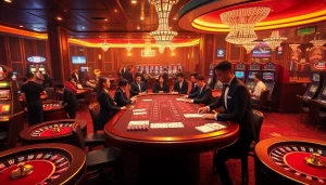 Excited gamblers engaging with casino games at Man88, featuring elegant tables and vibrant lights.
