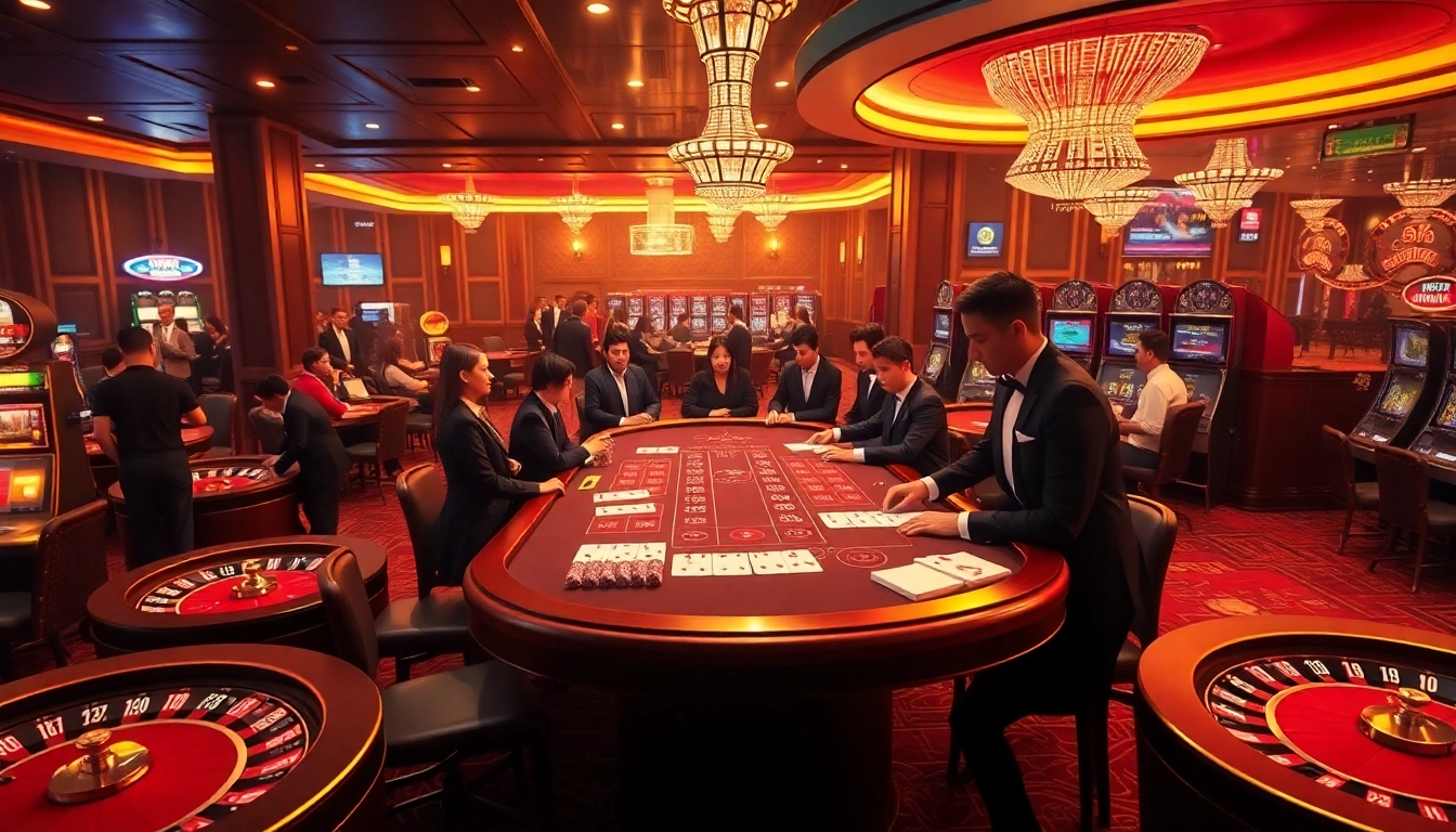 Excited gamblers engaging with casino games at Man88, featuring elegant tables and vibrant lights.