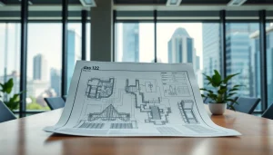 Analyze the blueprint titled das 142 on a modern office desk, highlighting architectural design.