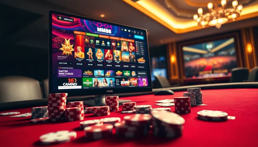 Experience the thrill of MM88 with vibrant casino games, poker chips, and a luxurious online interface.