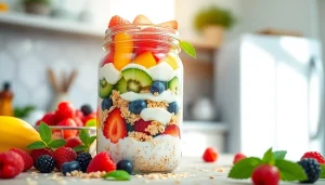 Enjoy a nutritious breakfast with https://masonjarbreakfast.com layered in a jar filled with oats, fruits, and yogurt.