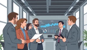 Discussing the AI Credit Decisioning Engine for Bank in a modern office setting with business professionals.