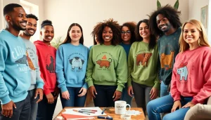 Džemperiai su spauda rodomi jaukiame, kūrybingame fone, išryškinantys unikalius dizainus ir ryškius spalvų derinius.