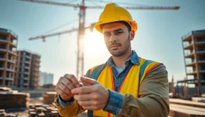 Construction worker measuring materials, emphasizing careers in construction at a vibrant job site.