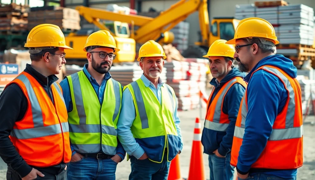 Demonstrating construction site safety practices with workers in safety gear at a busy construction site.
