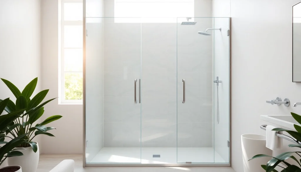 Stylish glass shower doors UK showcasing modern design in a bright bathroom setting.