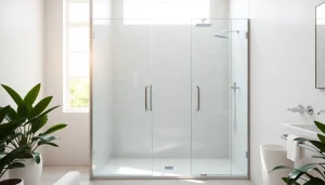 Stylish glass shower doors UK showcasing modern design in a bright bathroom setting.