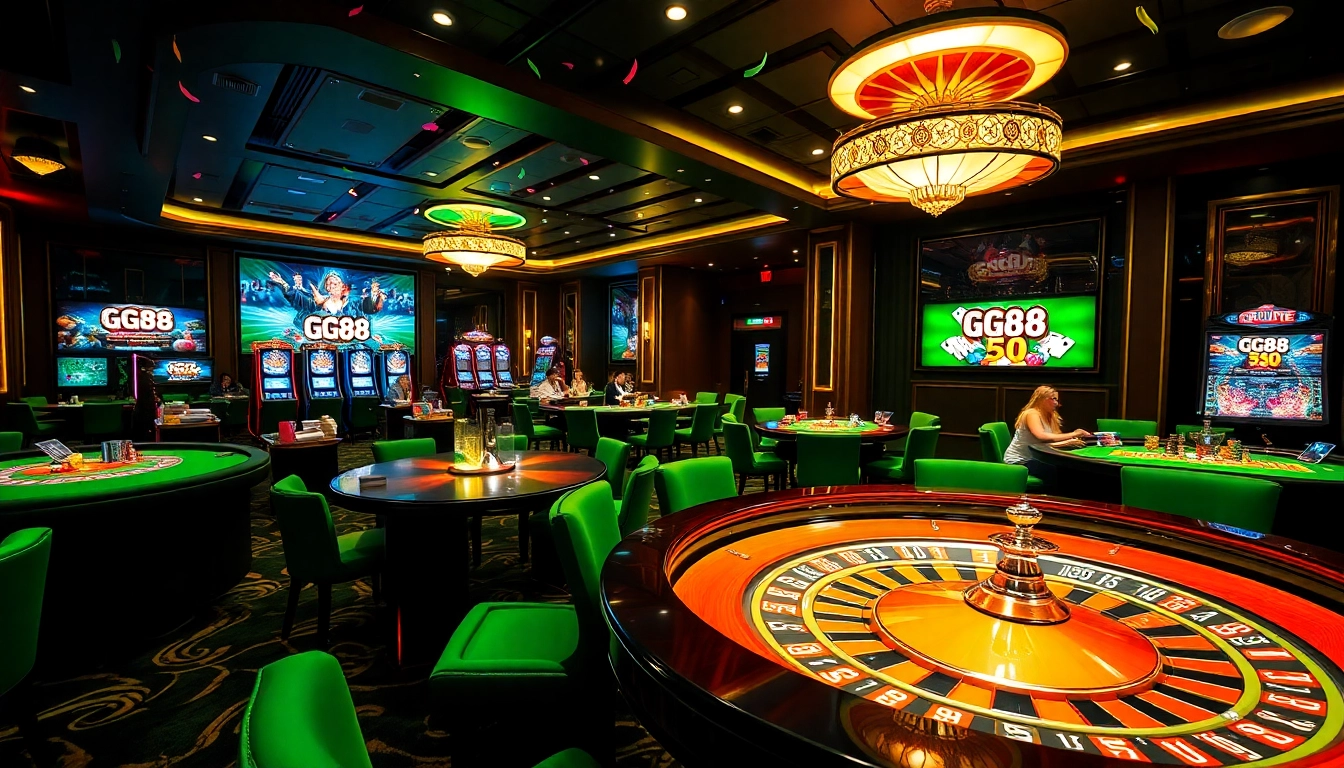 Players enjoying thrilling games at GG88 Casino with vibrant tables and excitement in the air.