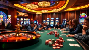 Người chơi LUCK8 và LUCKY8 háo hức tại bàn casino với chip poker và bánh xe roulette.