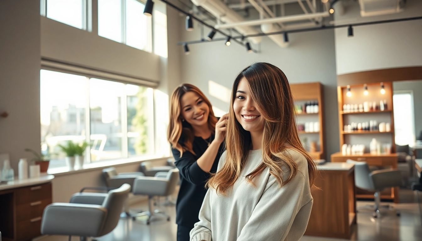 Stylish interior of hair salons San Diego with Aveda products and happy clients.