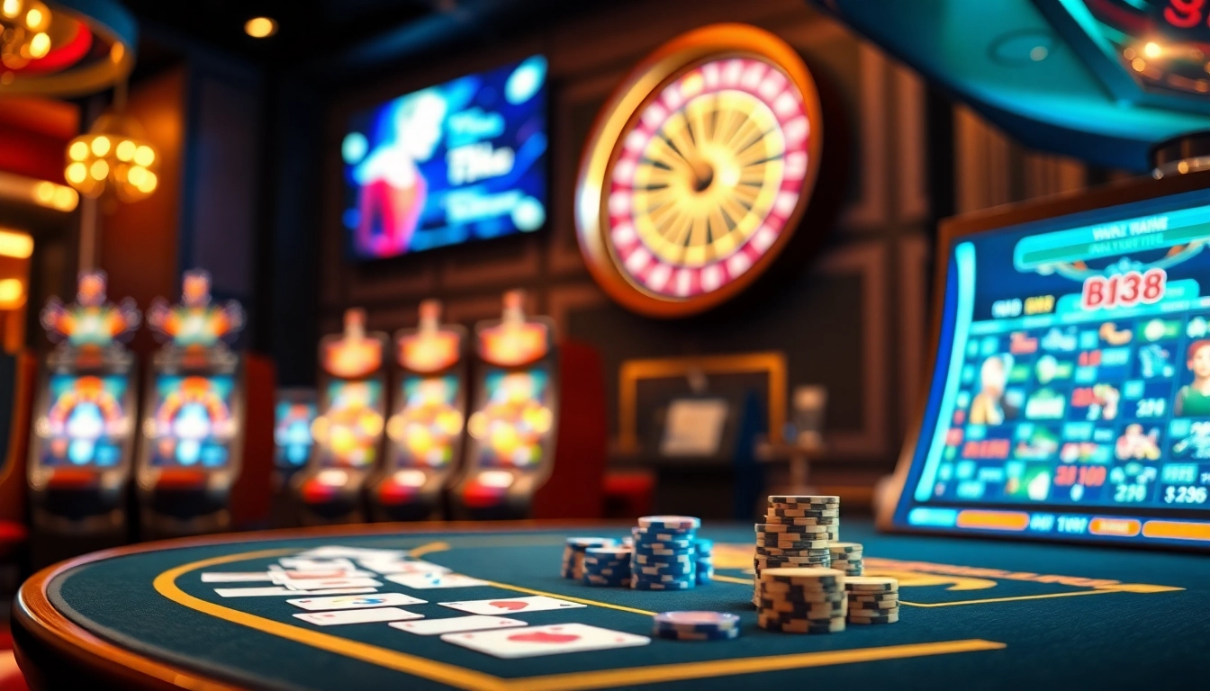 Engaging scene showcasing BJ38 casino gaming with poker chips, cards, and slot machines.