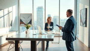 Engaged real estate agent at www.tbplhomes.com discussing property details with a client in a modern office.