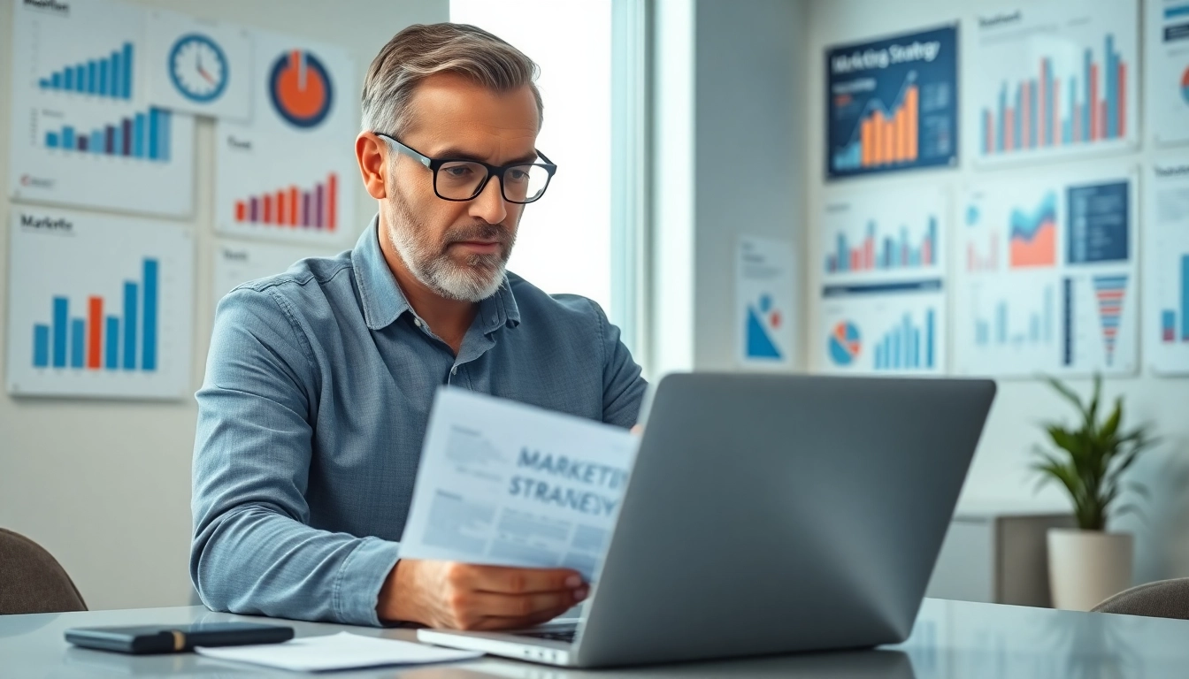 Marketing Consultant analyzing strategy in a modern office environment with a focus on data.