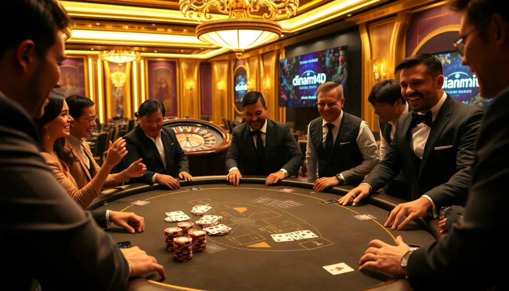 Players engaging at a vibrant dinamit4d-themed casino table filled with chips and excitement.