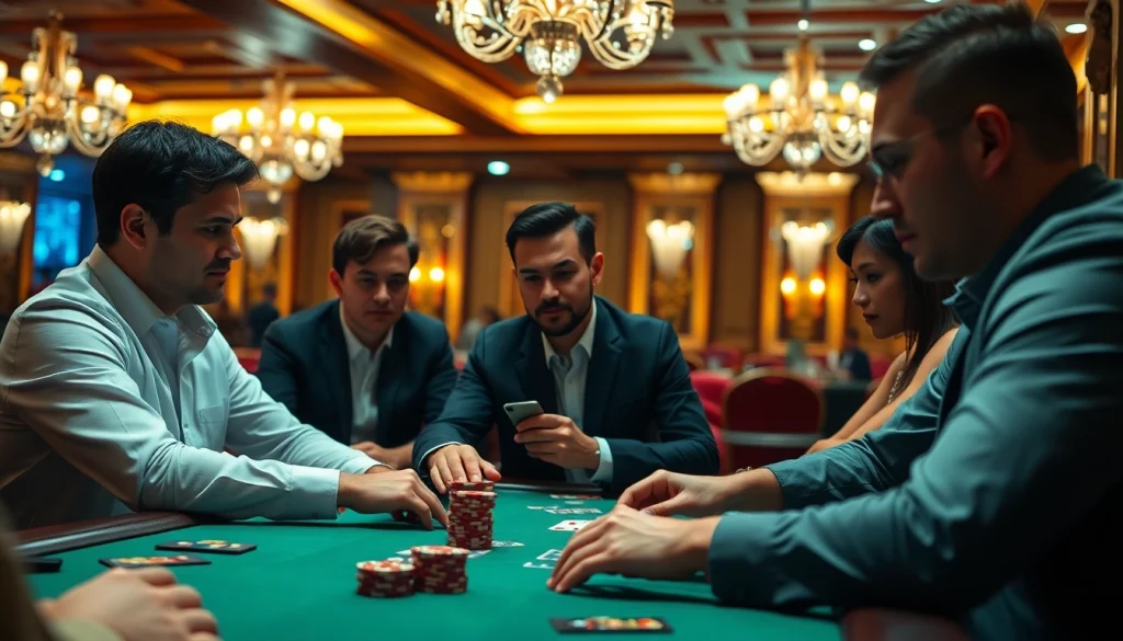 Bolaslot21 menunjukkan suasana permainan poker yang mendebarkan di kasino mewah.