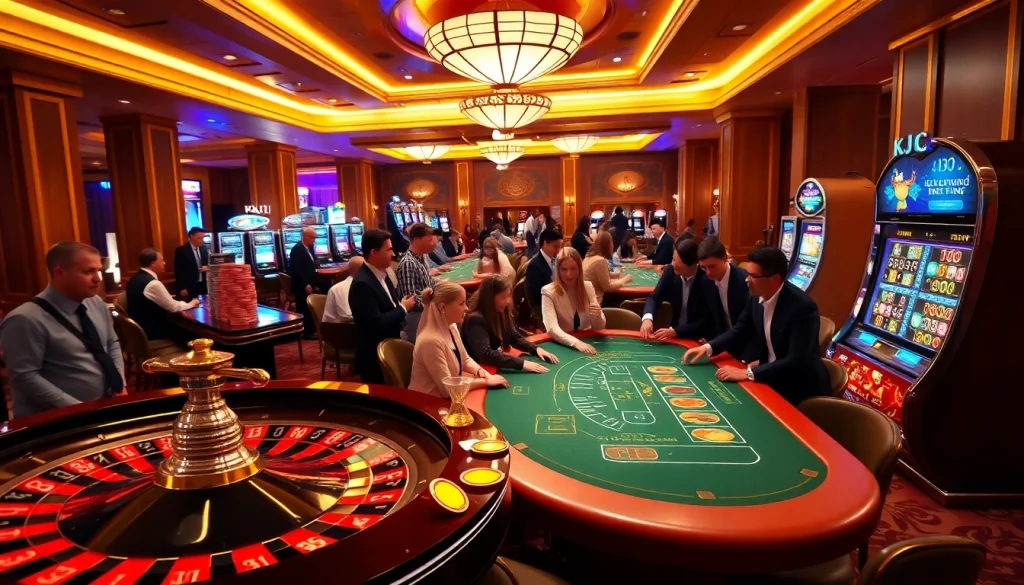 KJC members enjoying an exciting casino atmosphere with roulette, poker tables, and slot machines.