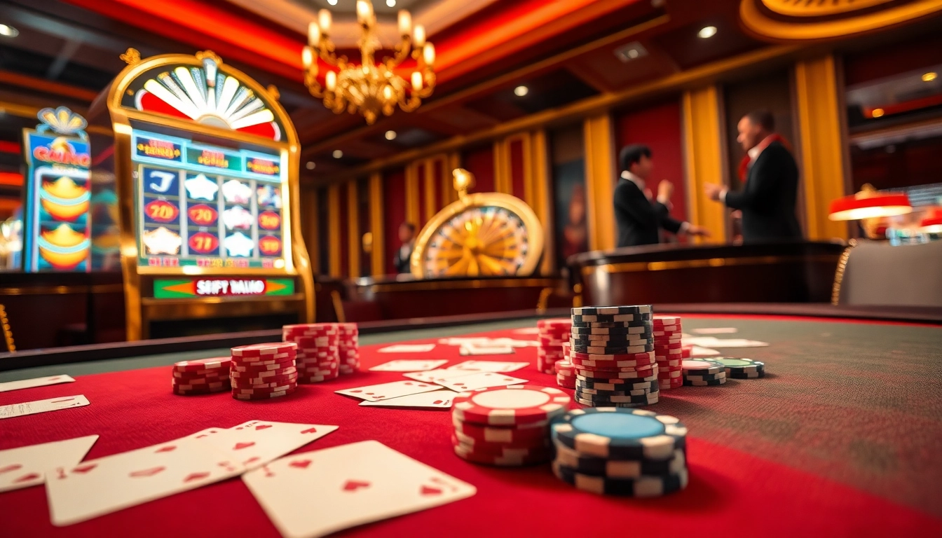 A thrilling casino scene featuring new88bet gaming, showcasing cards, chips, and a slot machine.