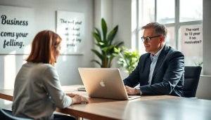 Business coach in Los Angeles guiding clients through a personalized coaching session in a bright office.