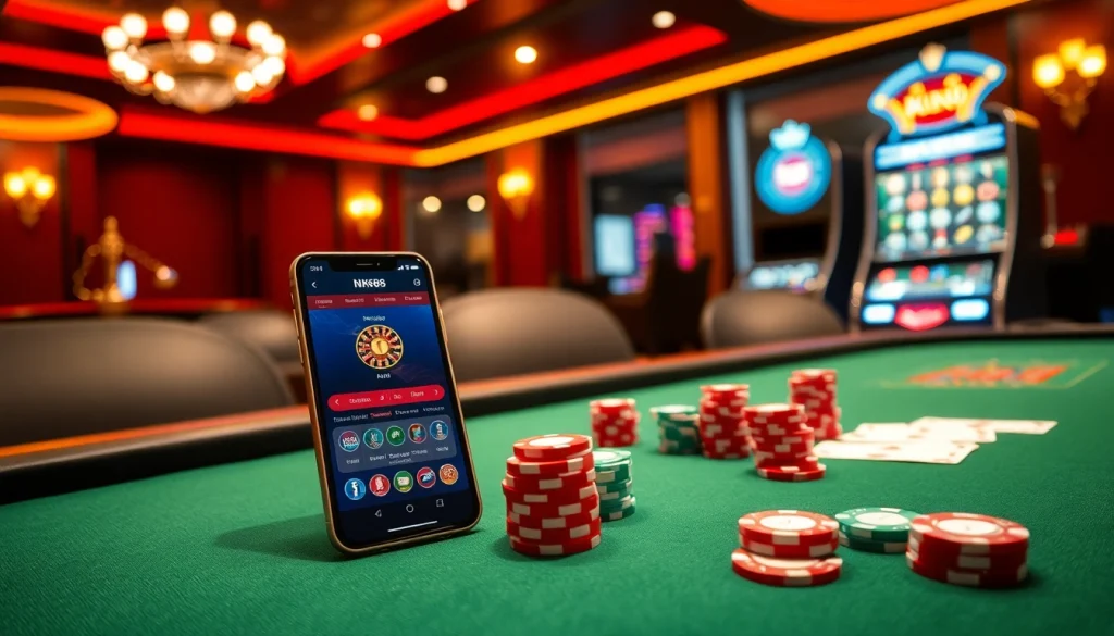 Engage with the NK88 app while enjoying a luxurious casino experience with poker chips and cards.
