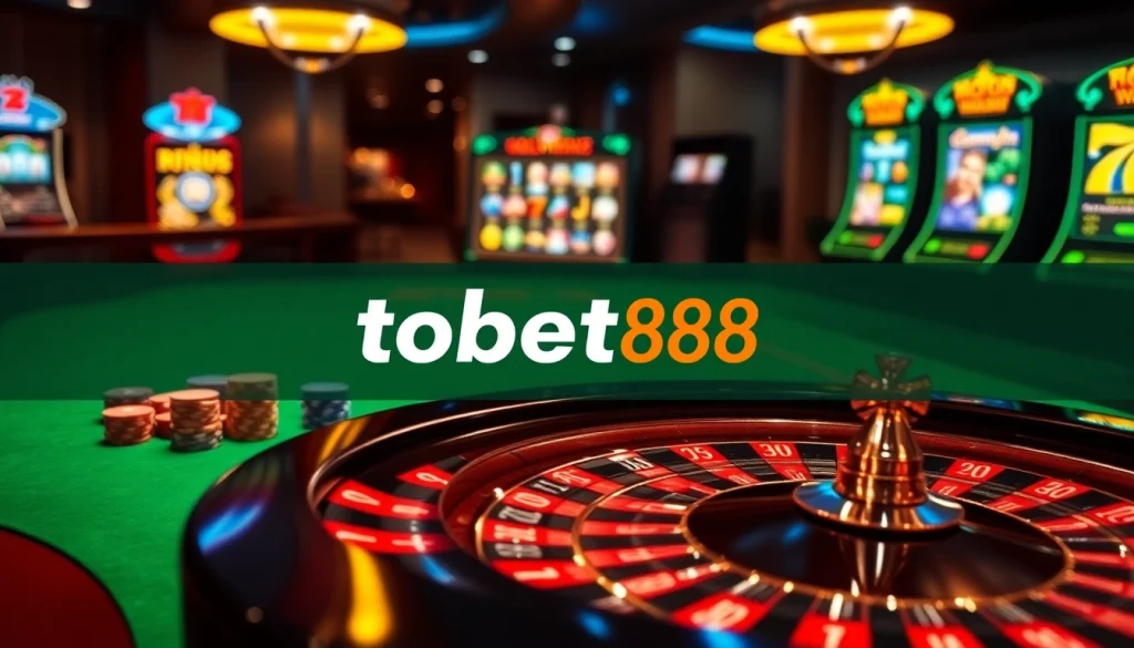 Gamblers engage at the trang chủ tobet88 interface, featuring vibrant casino elements and excitement.